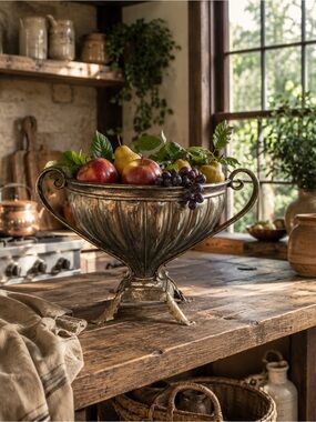 Ornate Antique-Style Pewter & Fluted Glass - Centerpiece Bowl - Silver Finish